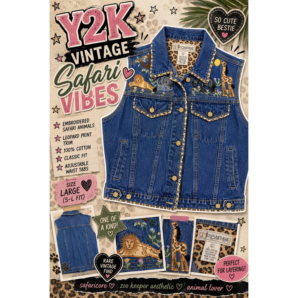 Vintage Chrysantheme Safari Animal Embroidered Denim Vest Large Leopard